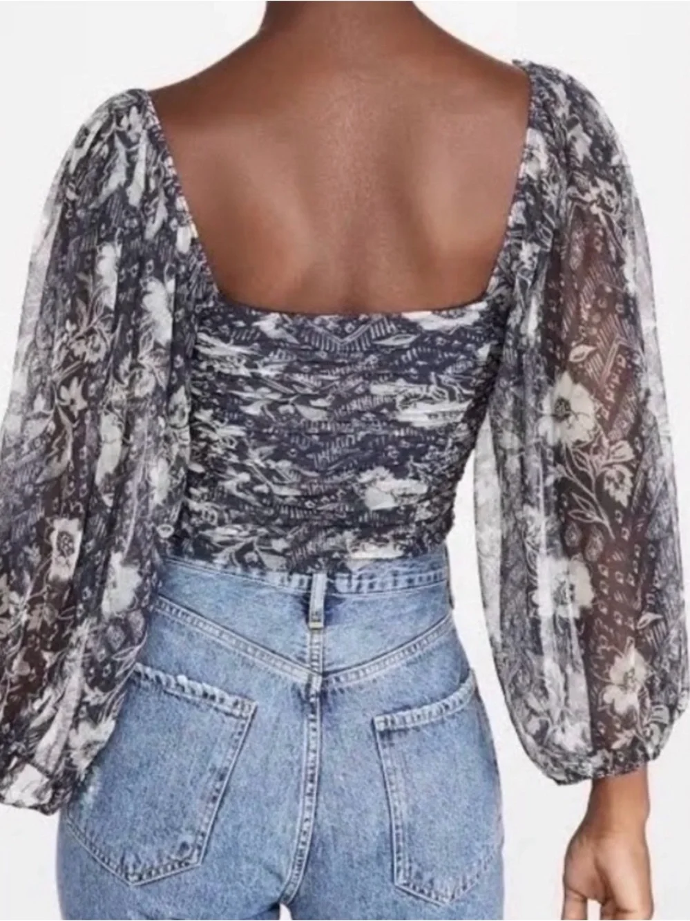 Free People Black Floral Ruched Mesh Sheer Balloon Sleeve Top s/p